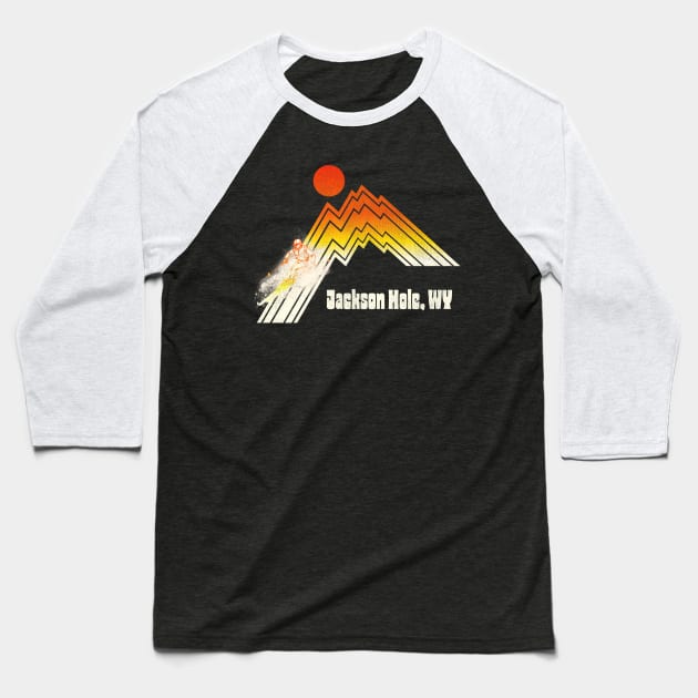 Jackson Hole Wyoming 70s/80s Retro Souvenir Style Skiing Baseball T-Shirt by darklordpug